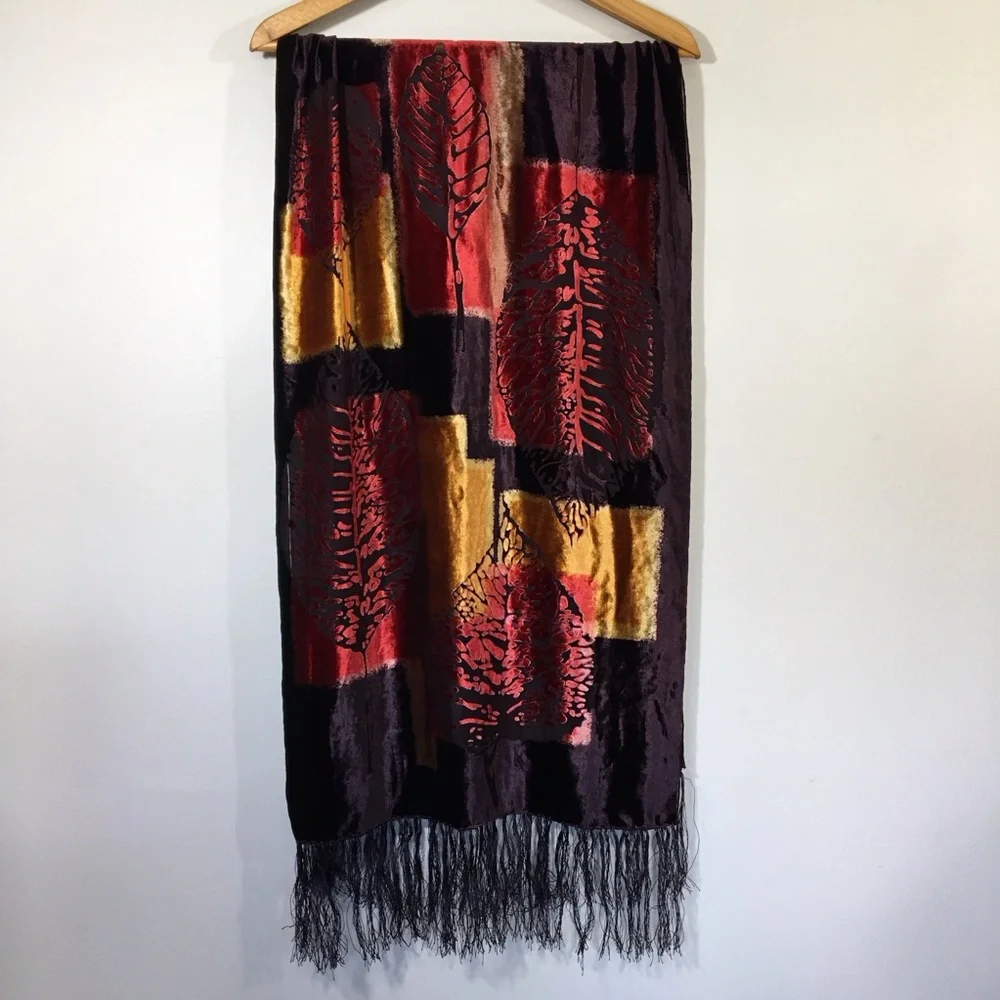 Silk‎ Velvet Burnout Fringe Wrap Hippie Whimsigoth Botantical Floral Leaf Sheer